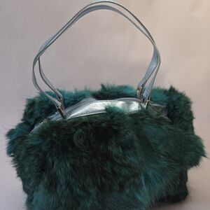 Plush Teal Faux Fur Shoulder Bag with Metallic Handles